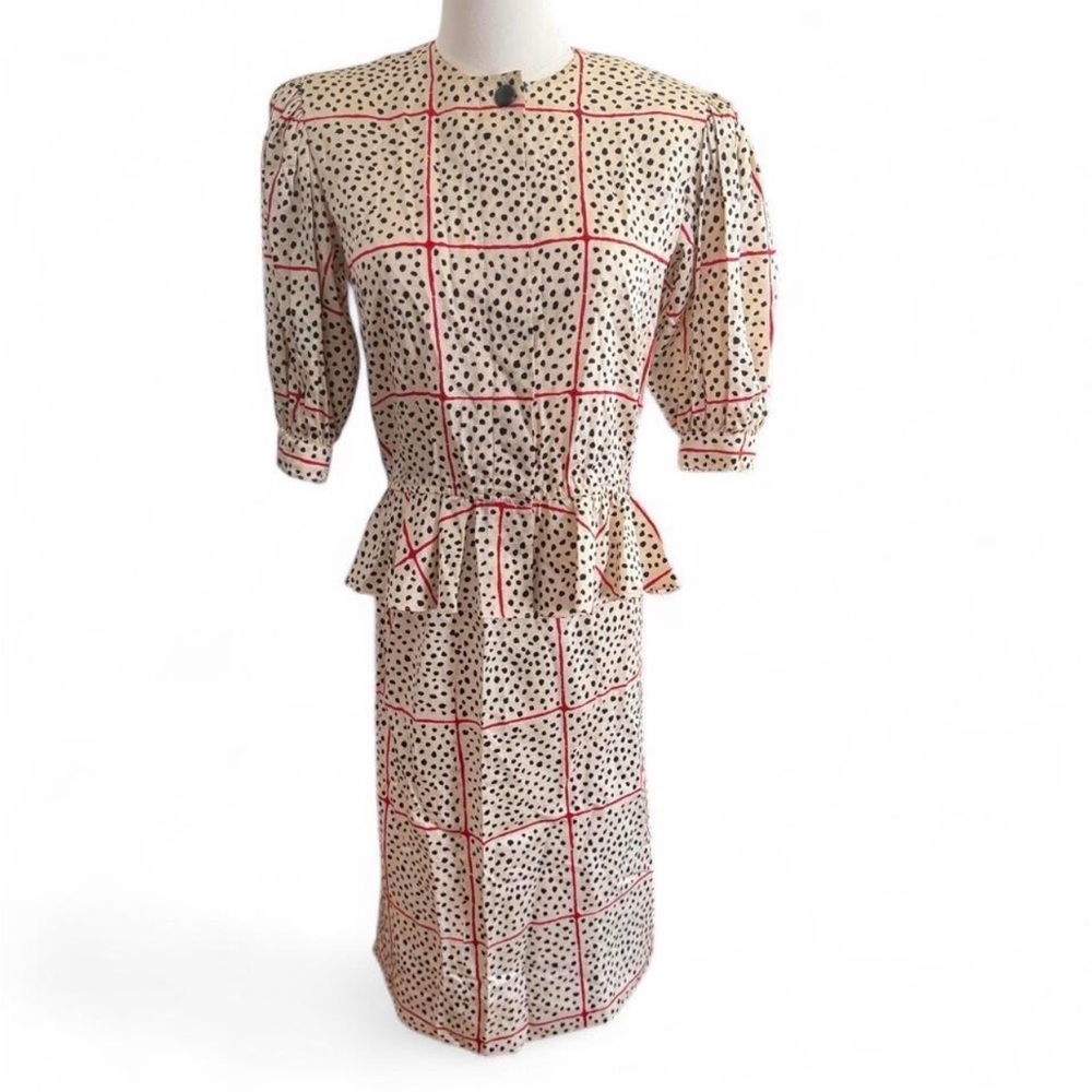 Cream and Black Polka Dot Windowpane Peplum Dress